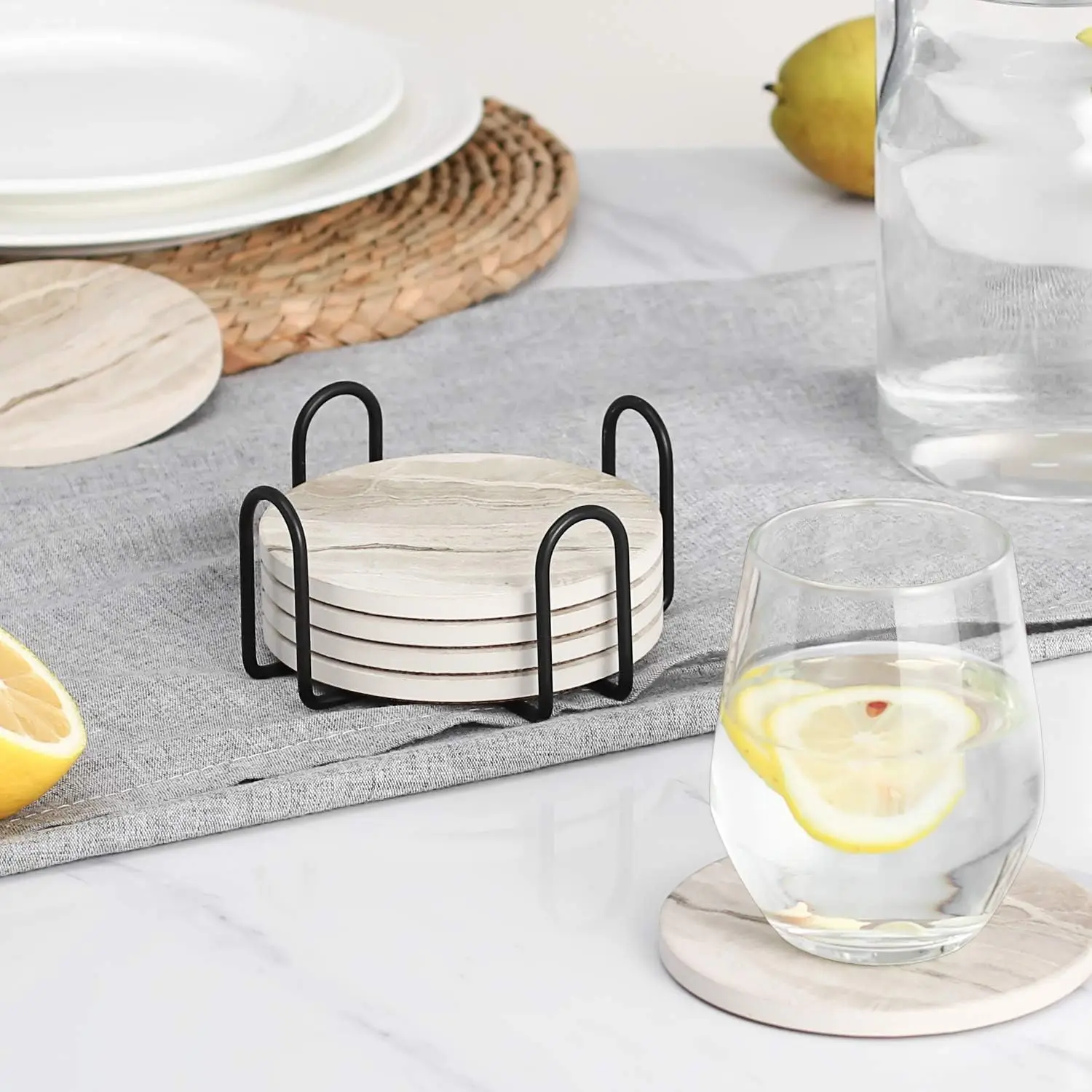 6Pcs Beverage Coaster Set with - Marble Coaster Set 评论和价格