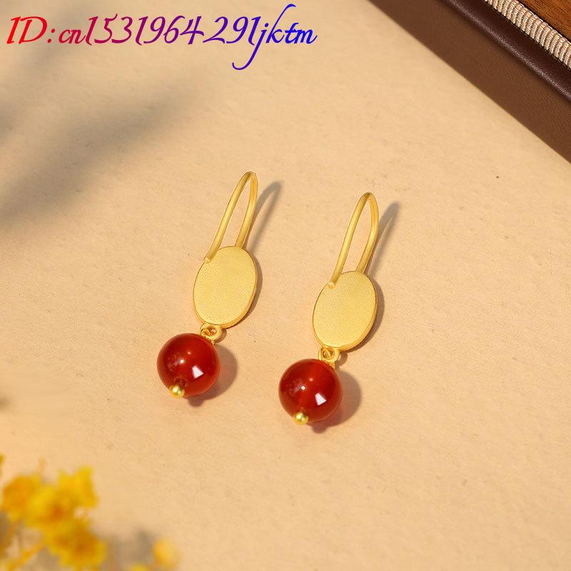 Natural Red Jade Bead Earrings - Gold Plated Jewelry 评论和价格