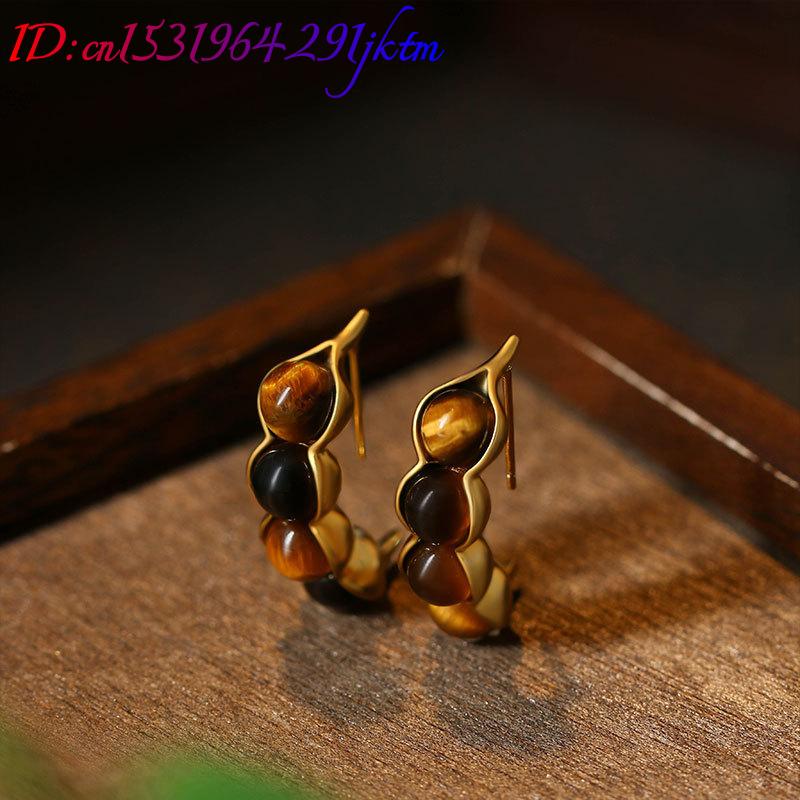 Tiger Eye Pod Earrings Gemston - Gold Plated Jewelry 评论和价格